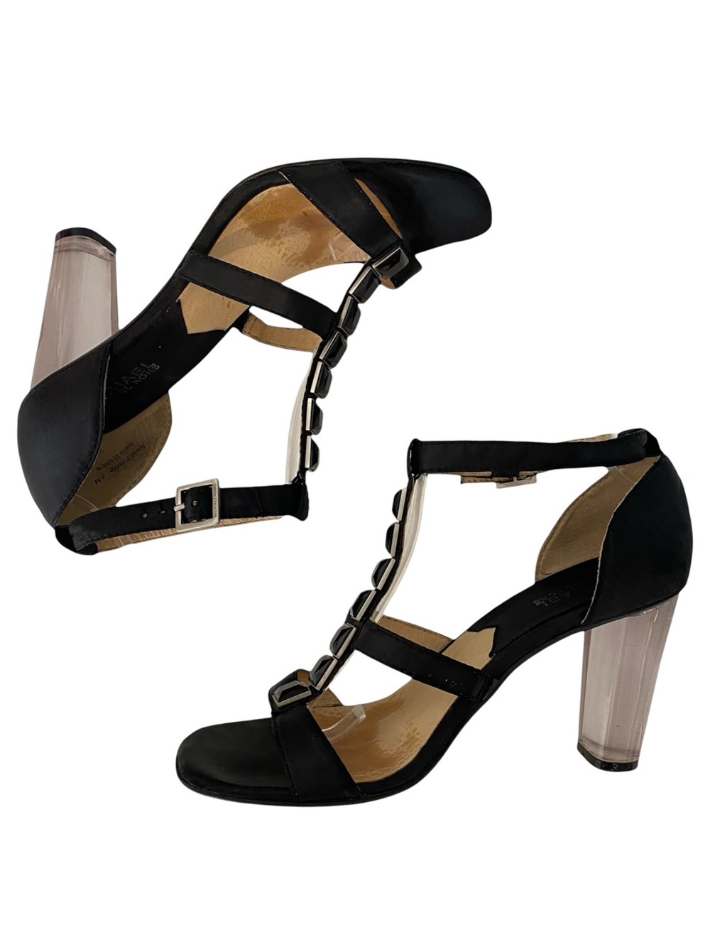 Michael Kors Berkley Black Satin Jeweled T-Strap Lucite Heel Sandals 9M